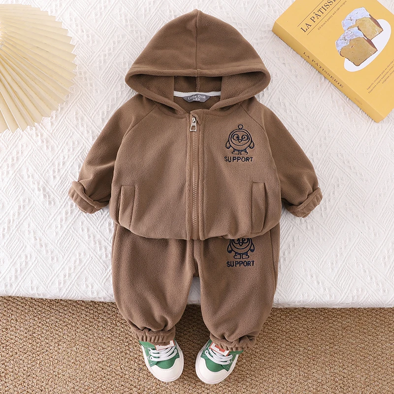 Baby-Jungen-Set mit besticktem Affen-Fleece-Hoodie, 2-teilig, Jacke mit Reißverschluss und Hose, warme Winterkleidung für Kleinkinder, Baumwollmischung, 3-24 Monate – Detail 1