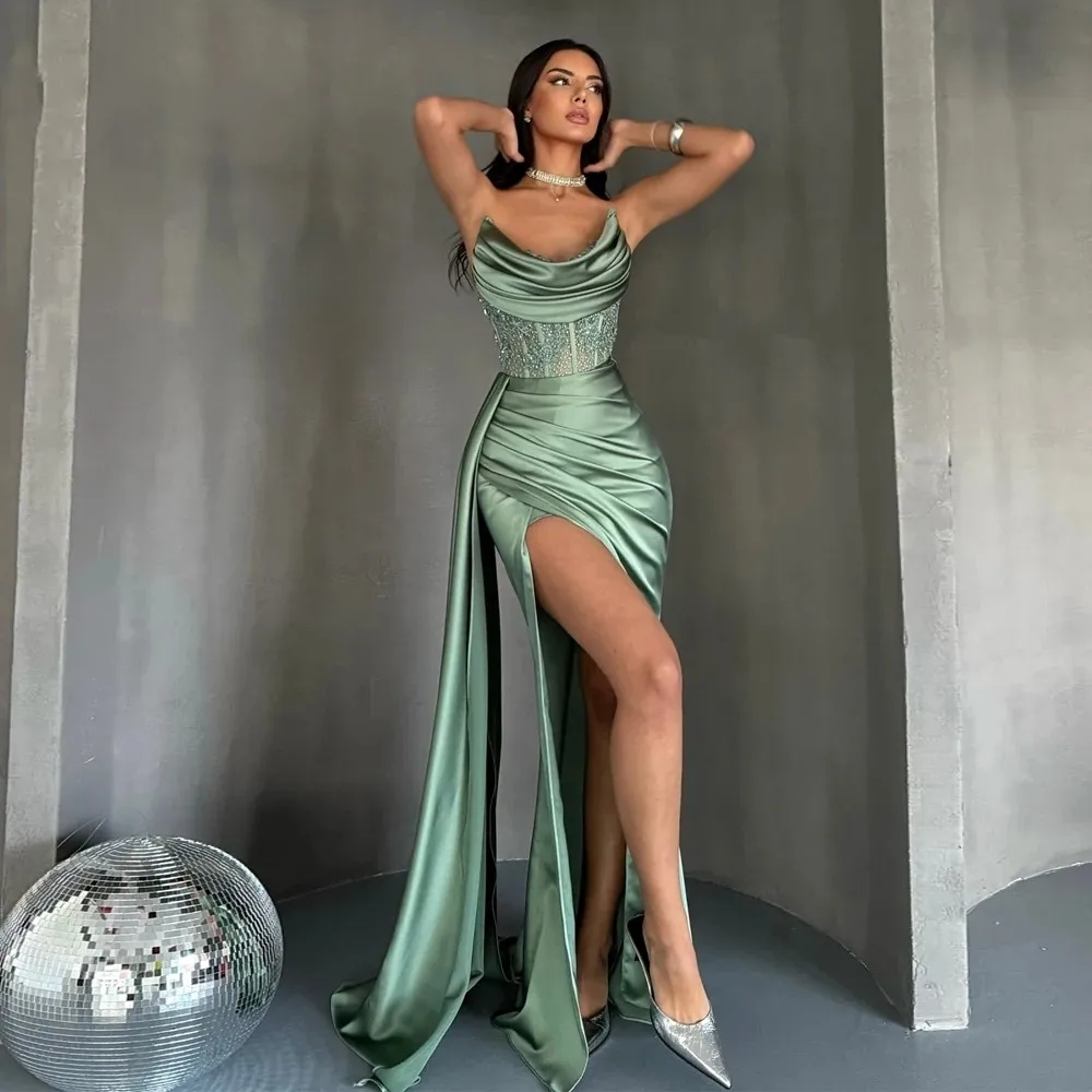 

Sexy Mermaid Prom Party Dress Strapless Lace Appliques Pleats Slit Sleeveless Mermaid Evening Formal Dresses Gowns Vestidos