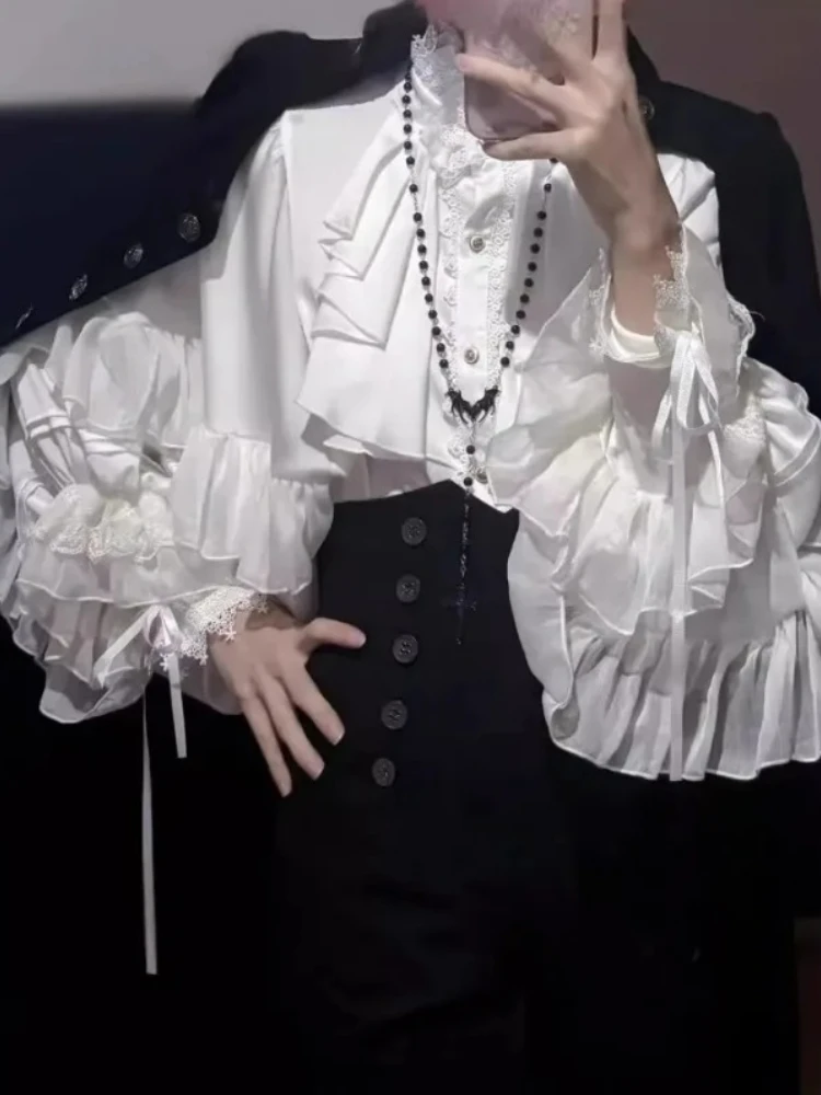 

Женская блузка в стиле кавайи-лолита 2026 года, ретро, с длинными рукавами-фонариками, эстетичная, с кружевом и пуговицами, однотонная, повседневная, элегантная