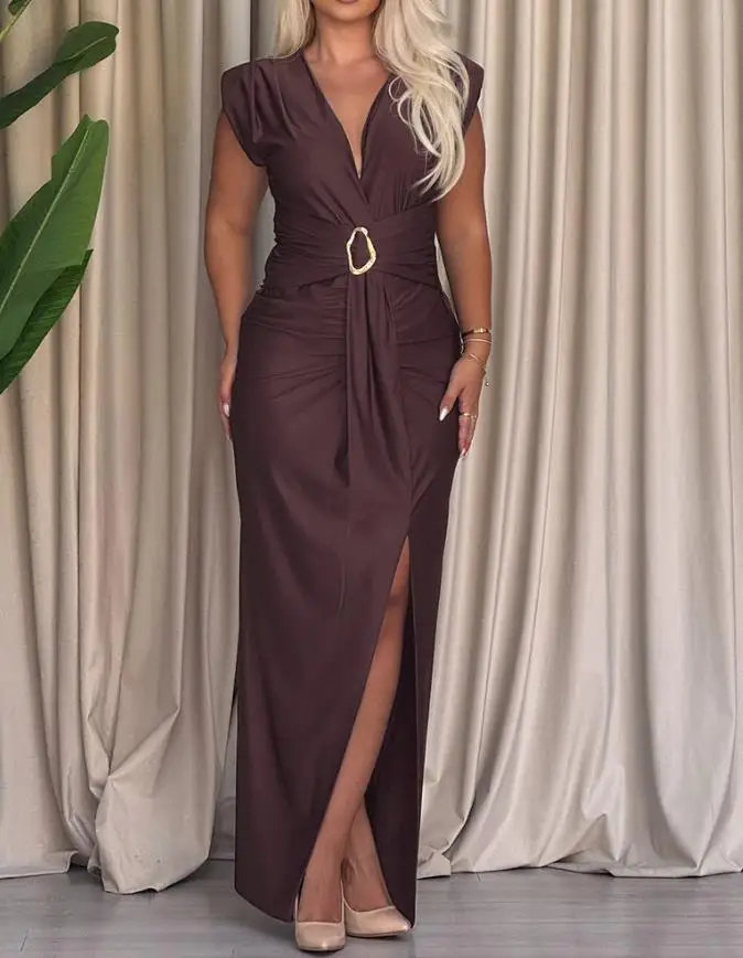 

Metal Decoration Deep V-Neck Pleated Slim Evening Dress Summer Solid Color Women's Sexy Waist Cinching Slit Wrapped Hip Dress