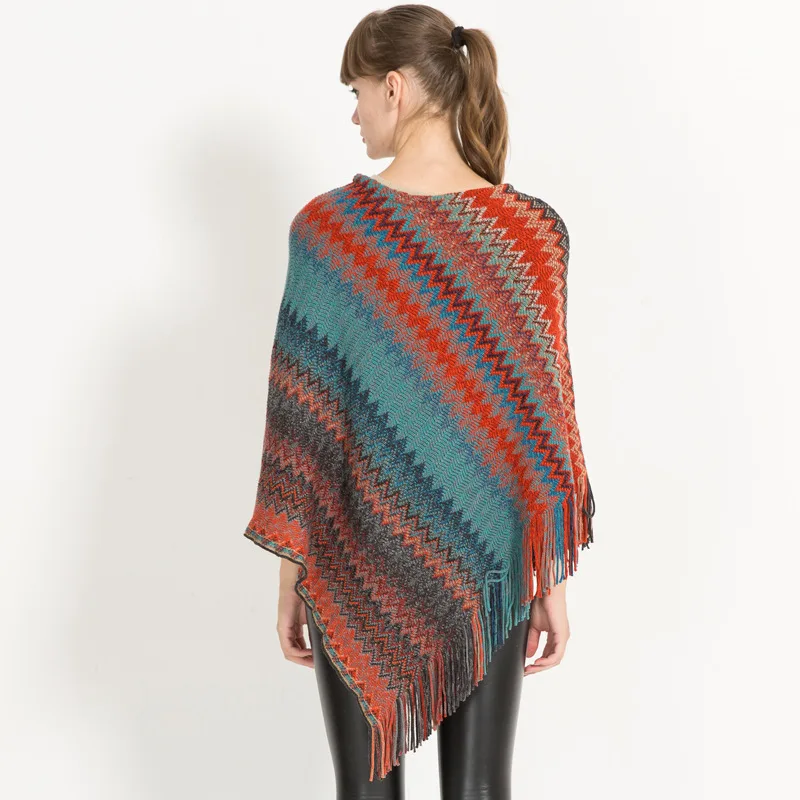 Scialle lavorato a maglia da donna primavera signora autunno nappe poncho maglione pullover a righe con blocco colore allentato avvolgere la nave di goccia all'ingrosso nuovo