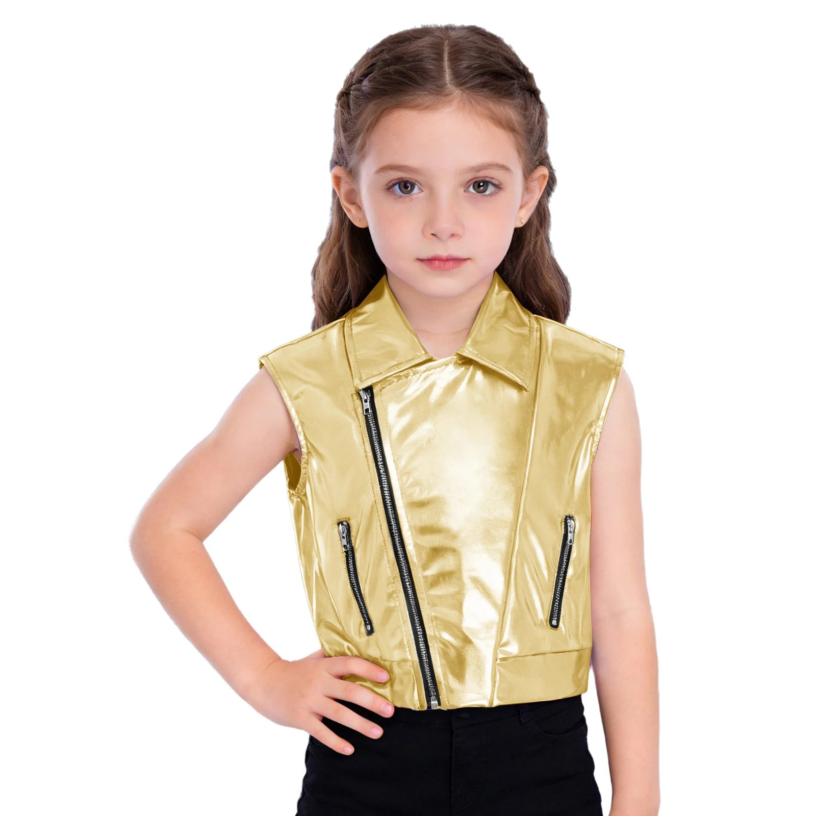 Kids Boys Girls Hip Hop Jazz Street Dance Tops Zipper Metallic Dance Party Jacket Sleeveless Outerwear Stage Performance Costume