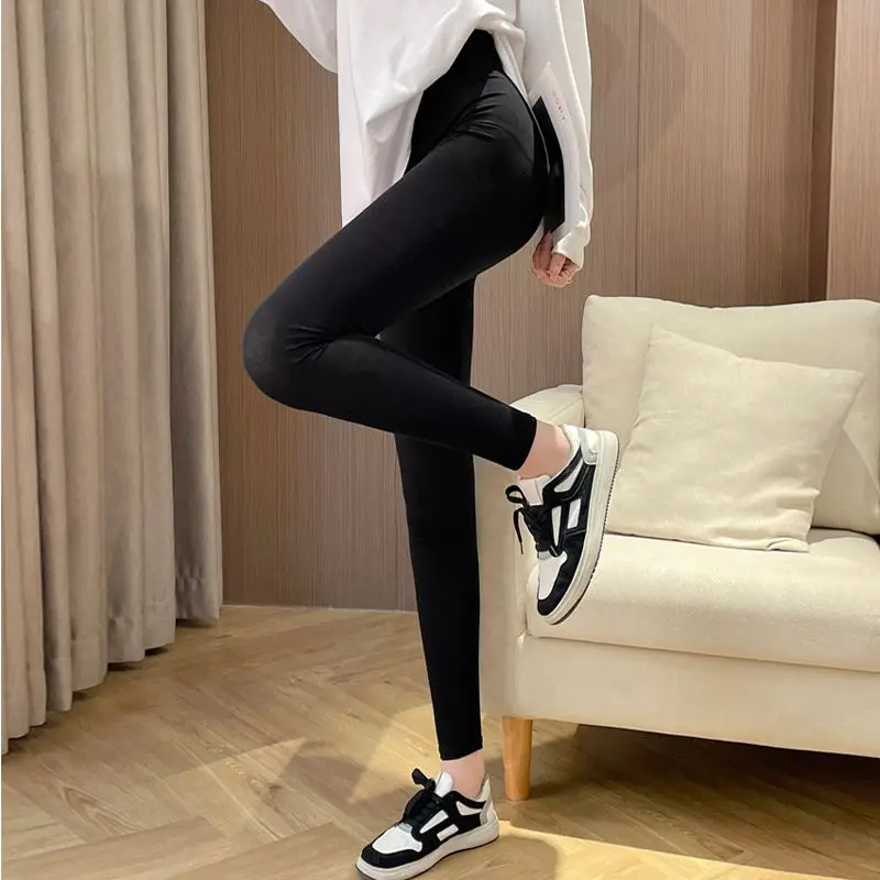 Women\'s Autumn Fashion Simplicity Solid Color Tight Fitting High Waist Leggings Women Clothes Casual All-match Nine Points Pants