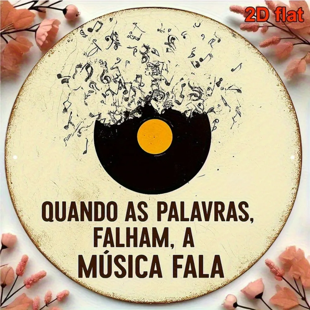 Vintage Music Quote Aluminum Sign 20.3cm - Round Portuguese Phrase Wall Decor for Living Room