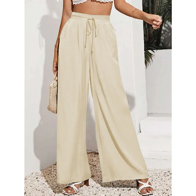 الصيف المرأة فضفاضة واسعة الساق عارضة السراويل الشارع Sle مادة رقيقة l الخصر السراويل الطويلة السيدات Faion