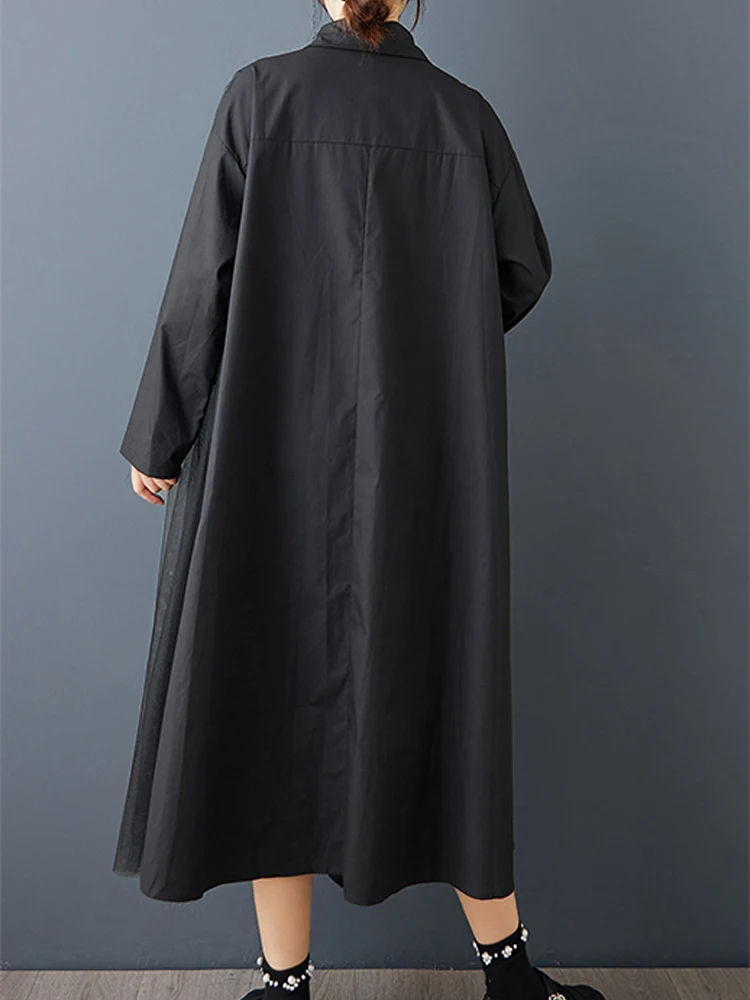 NYFS 2025 خريف جديد فضفاض حجم كبير خمر أسود اللون واحدة الصدر قميص فستان رداء قصير الأكمام غير النظامية فستان المرأة