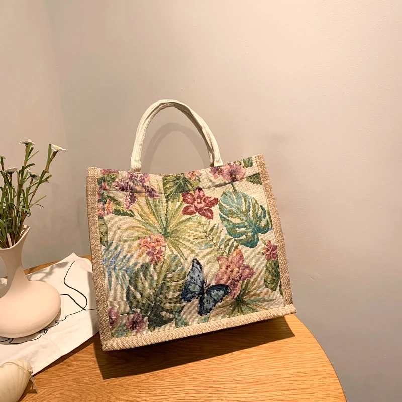 Large Capacity Burlap Tote Bag Vintage Flower Printed Top Handle Eco Shopping Bags Females Foldable Handbag Clutch Bag Hobo