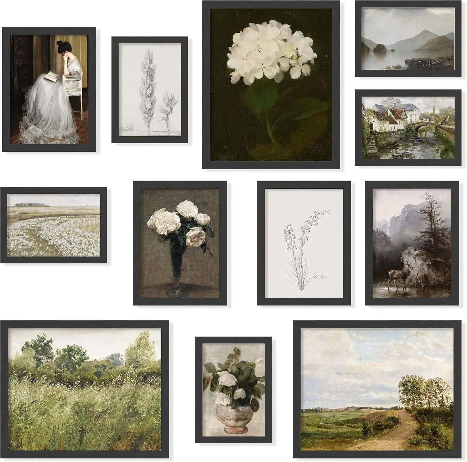 

Vintage Framed Wall Art Set - Landscape & Botanical Prints for Home Decor, Black Frame