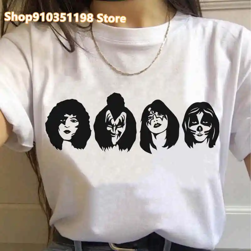 Women Kiss T-Shirts Rock Music Band Print Women Fashion Short Sleeve Hip Hop Oversized T Shirt Punk Graphic Tees Tops