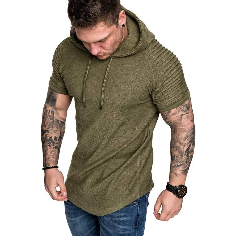 Men Tshirts Solid Color Pleated Patch Short Sleeve Tops Tees Casual Hip Hop Streetwear Sport Hoodie Pullover Undershirts M-XXXL