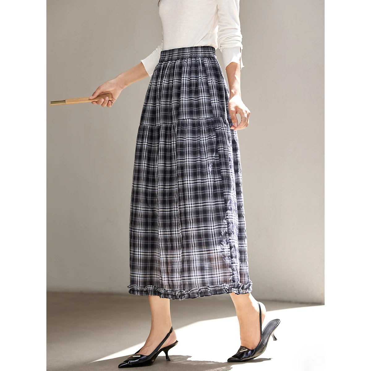 VIMLY المرأة خمر منقوشة تنورة 2025 الخريف التنانير خمر غير رسمية تصميم ميدي تنورة تخفيف كشكش ألف خط الإناث تنورة A2980