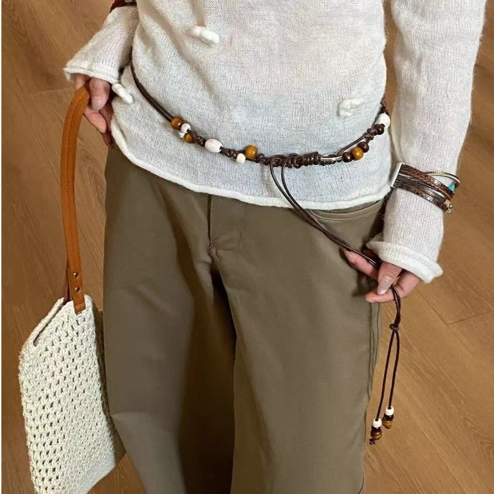 Boho Hand-Woven Waist Chain Wooden Bead Adjustable Decorative Waist Belt High-End Slenderizing Waist Rope for Dress and Jeans