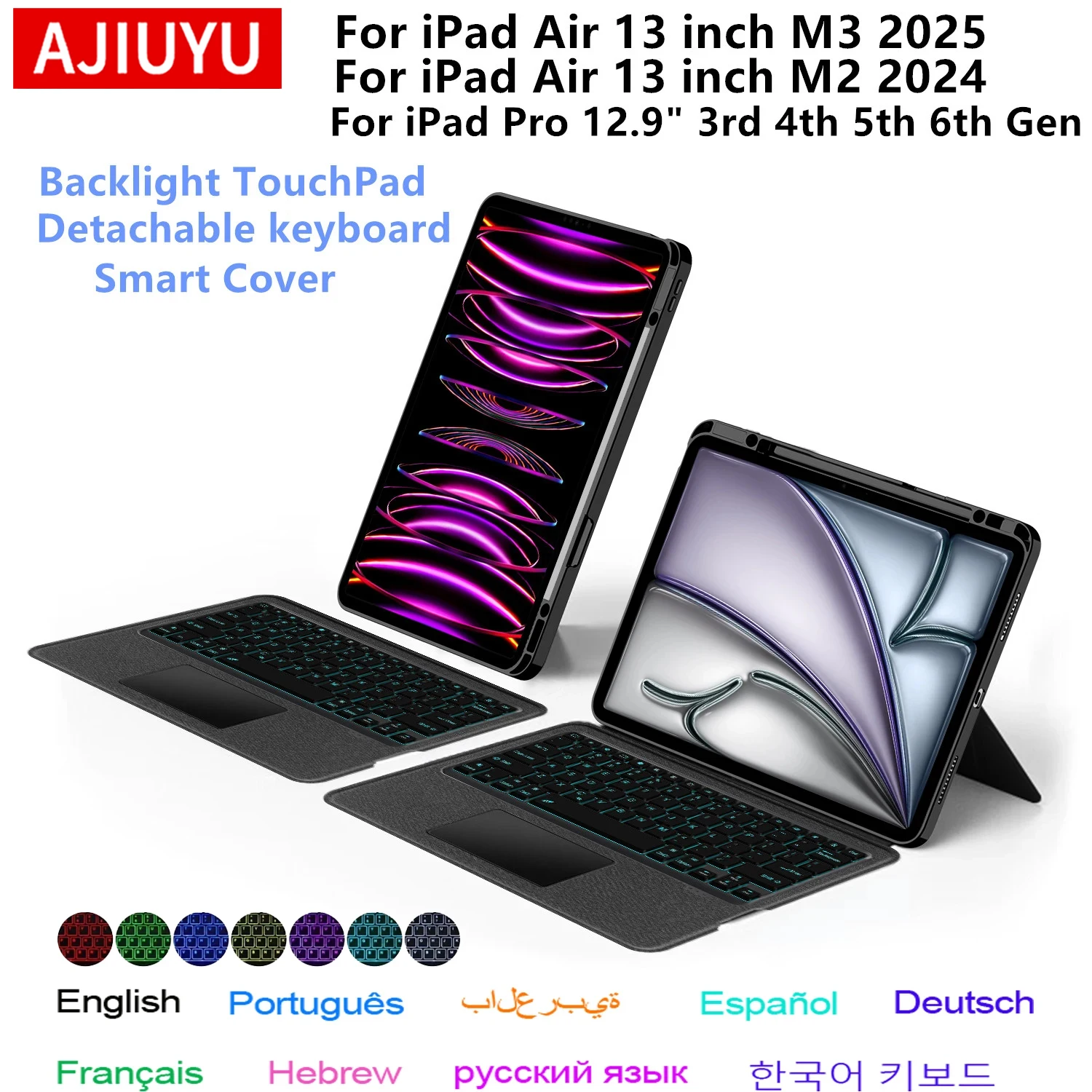Magic Keyboard Case for iPad Air 13 inch M3 2025 M2 Pro 12.9 Tablet Spanish Portuguese Hebrew German Korean Keyboard Cover Folio