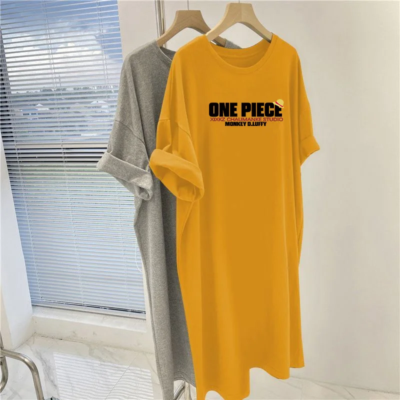 Women Clothing Fashion Basic Pullovers Dress, Summer Loose Casual Short Sleeve Dresses, Cartoon Printed Knee Length Tunic