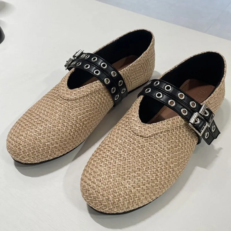 Concise Espadrille Shoes For Women Buckle Strap Round Toe Flat Shallow Female Shoes Designer New Brand Leisure Weave Ballet Shoe