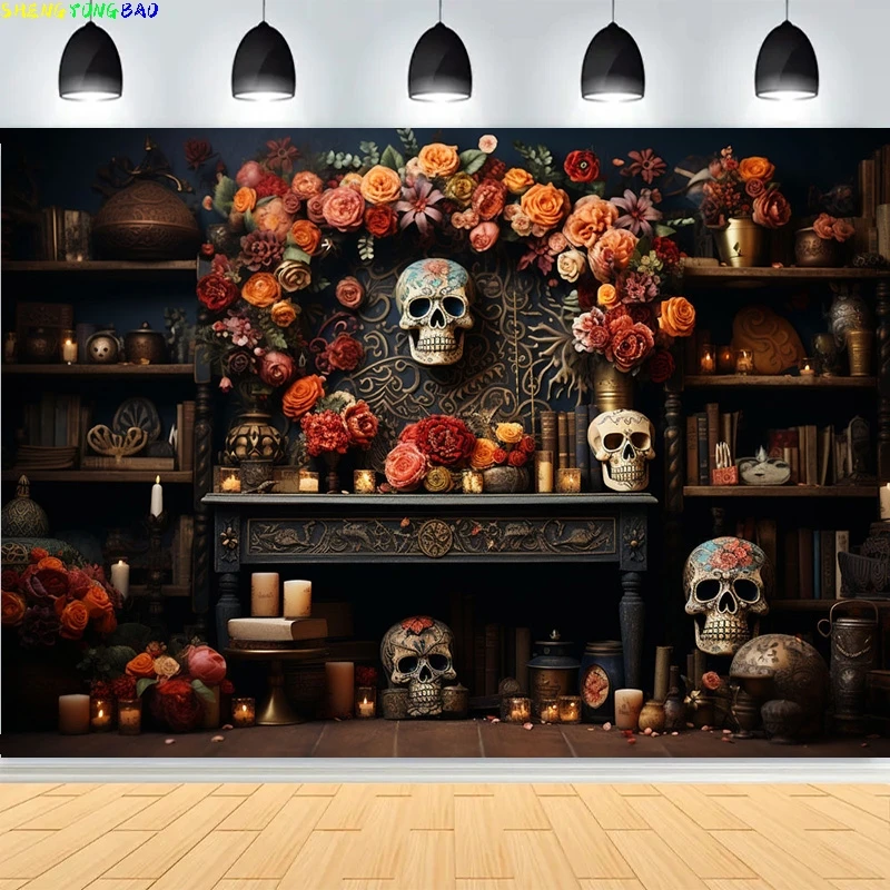 

Day Of The Dead With Floral Ornaments Photography Backdrops Skulls Halloween Magic Costumes Scary Stories Background DV-04