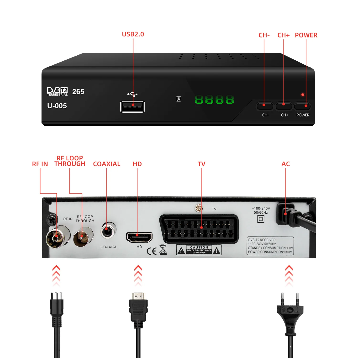 Receptor de televisión Digital terrestre Full HD, decodificador DVB-T T2 H.265 HEVC FTA, 2024 P, para España, 1080