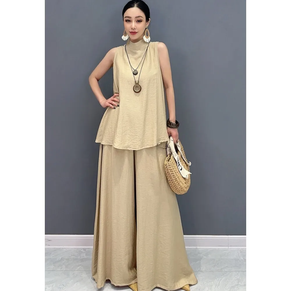 

2024 Summer New Solid Color Sleeveless Vest + Wide Leg Pants Two Piece Set Women Trendy Fashion Casual Pant Set ZF072