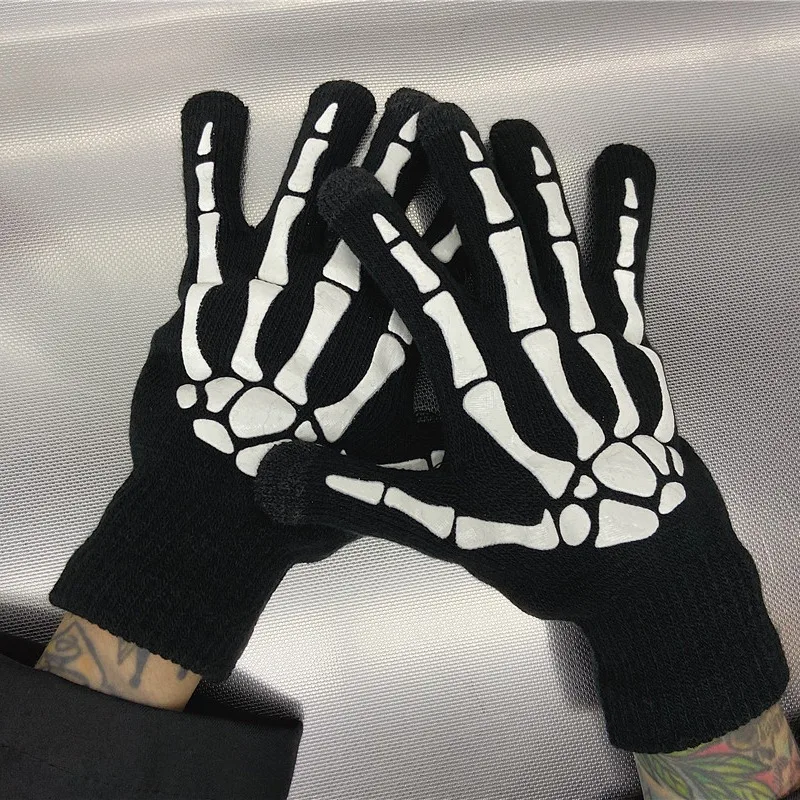 2022 Halloween Skeleton Schädel Halbe Finger Handschuhe Neue Punk Glow In The Dark Fingerlose Gestrickte Winter Handschuhe für Unisex