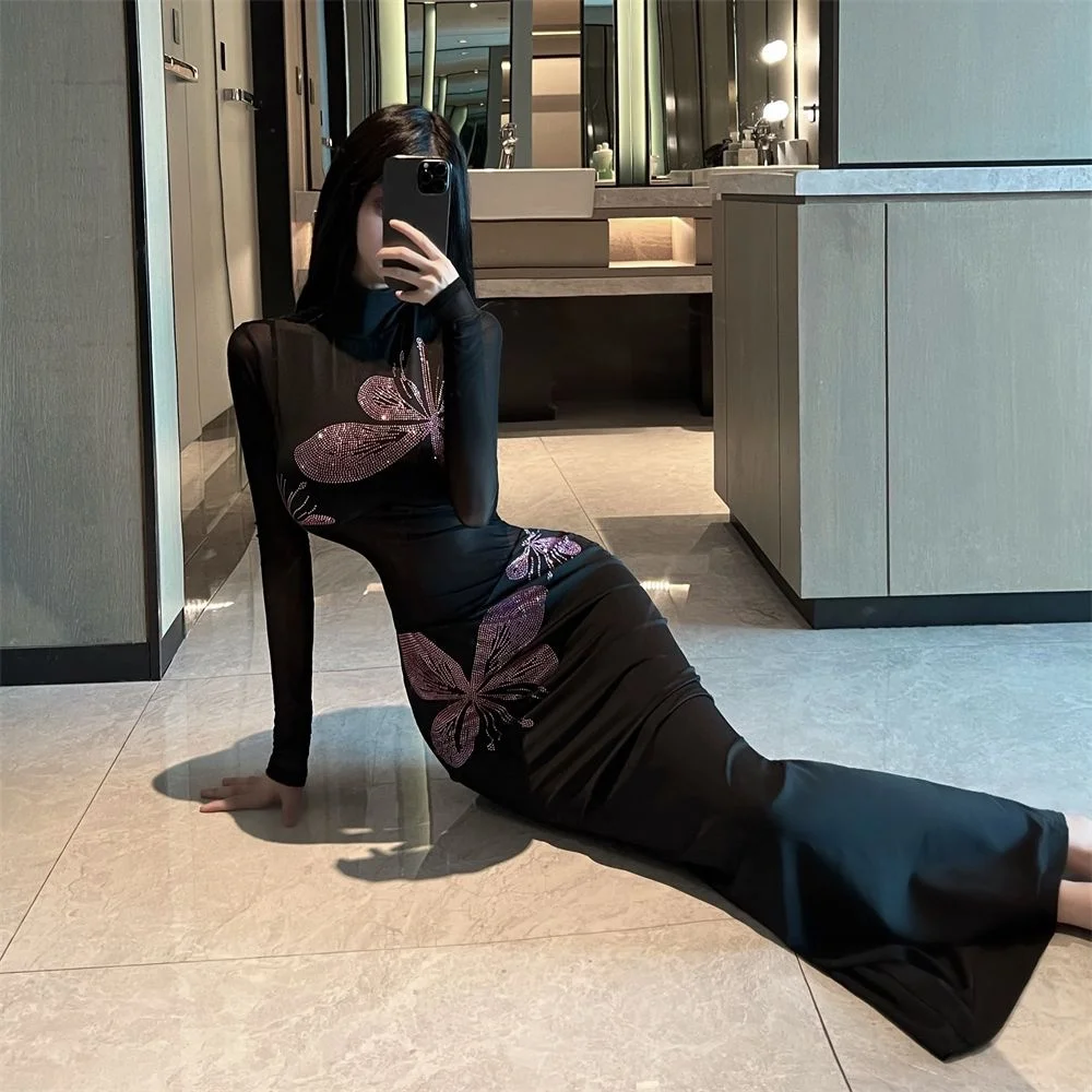 Women's Black Mesh Dress-High Neck Long Sleeve Flower Decor Bodycon Mermaid Maxi with Back Slit Sexy Elegant Dress Spring Autumn