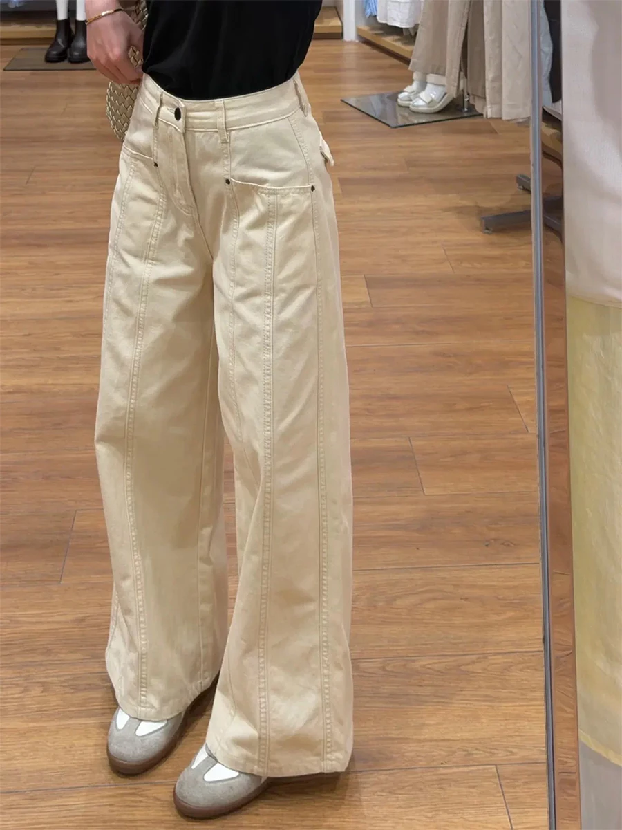 High Waist Loose Fit American Style Denim Jeans for Women Autumn Season Pear Shape Body Slimming Straight Leg Wide Leg Pants