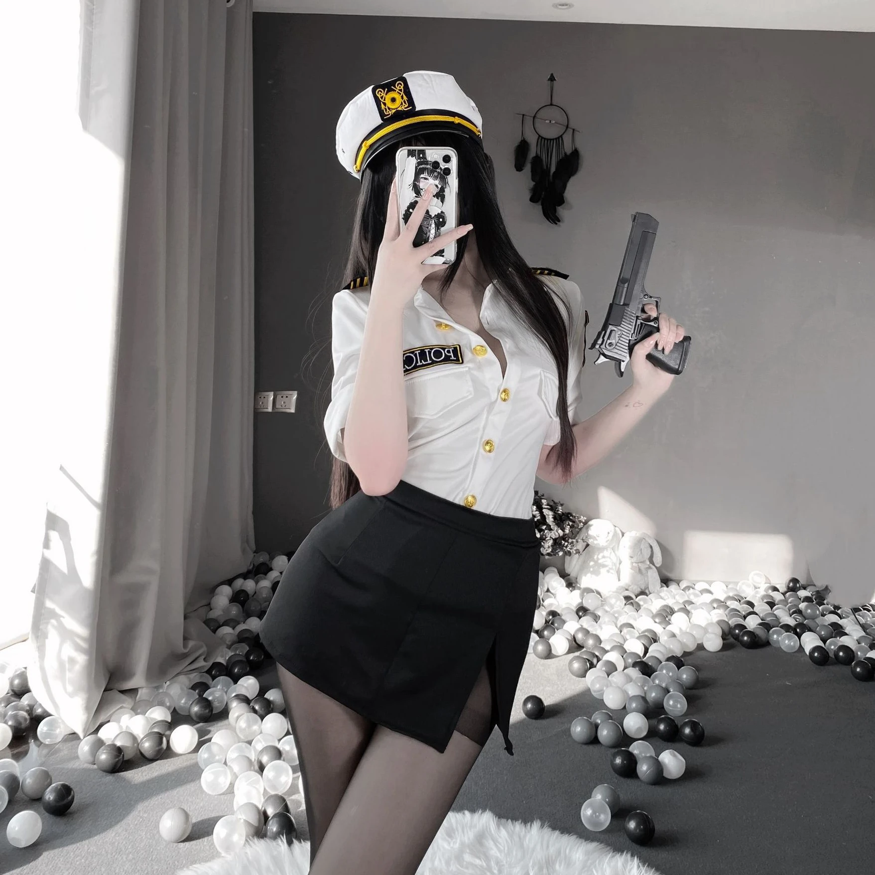 

Sexy Policewoman Cosplay Halloween Party Costume Hot Anime Dirty Cop Officer RolePlay Outfit Women's Top Mini Skirt Set with Hat