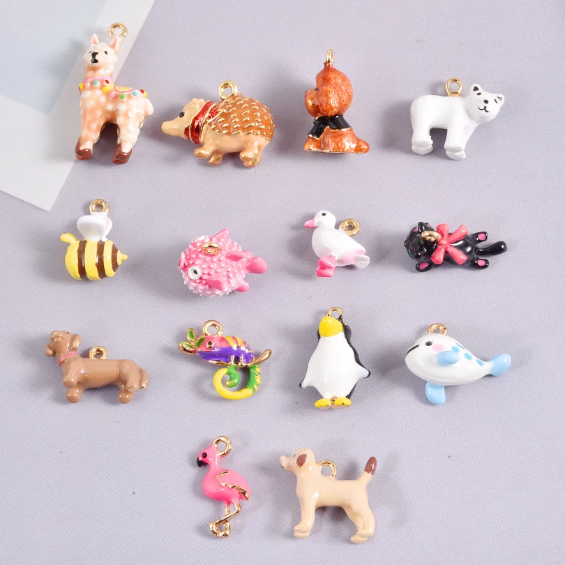 6개 세트 합금 동물 시리즈 벌 소시지 개 알파카 펭귄 펜던트 수제 DIY 맞춤형 목걸이 귀걸이 액세서리