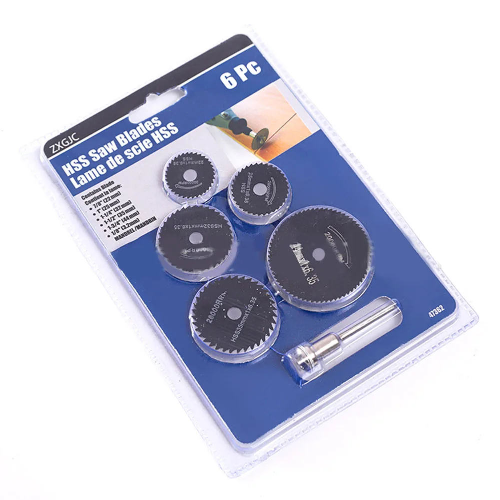 Disco de corte de 6 piezas, hoja de sierra Circular HSS de 22-44mm, 3,2mm, Mandril para latón, madera, plástico, herramienta rotativa de corte, accesorios para amoladora