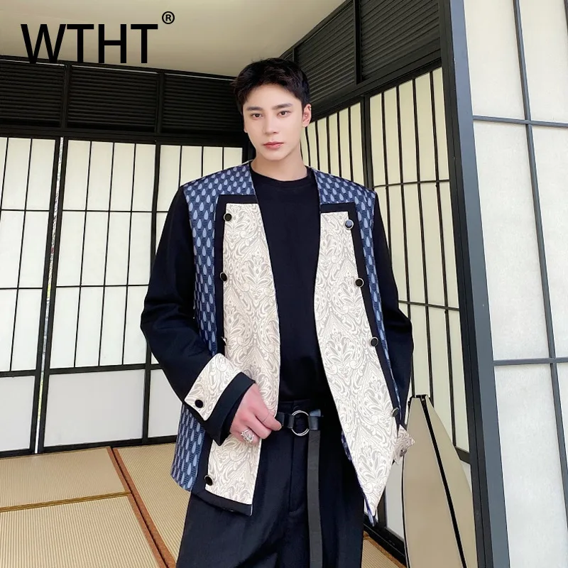 WTHT Trendy Men's Spliced Contrast Embroidery Design Coats Fashion V-neck Long Sleeves Loose Jackets Male 2025 Autumn 2A2098