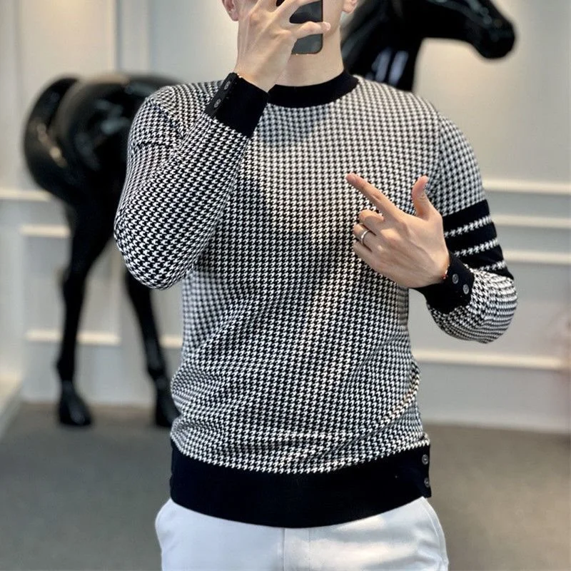 أزياء رجالي Houndstooth جولة الرقبة البلوز مزدوجة الوجهين المخملية الدافئة أعلى #5