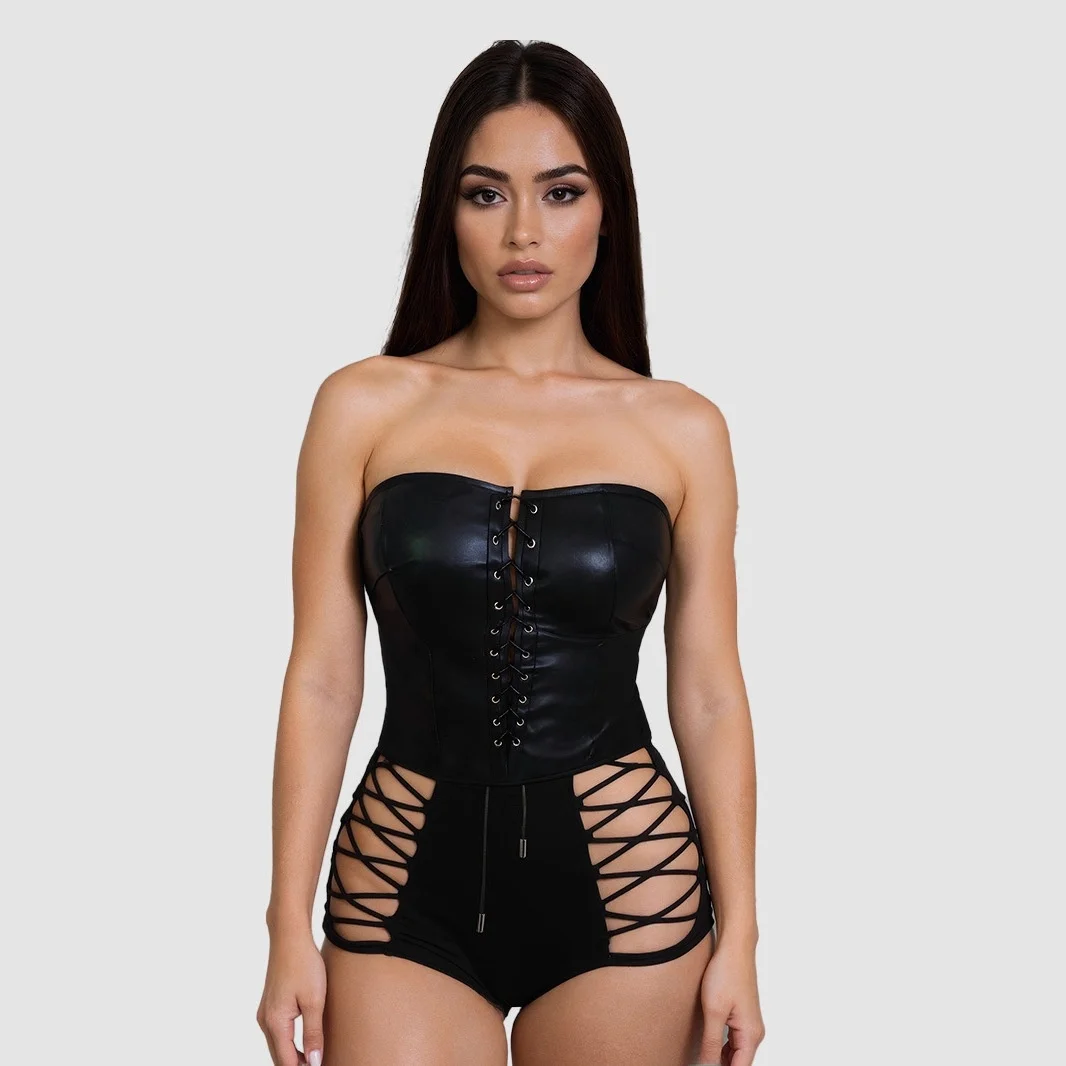 Retro PU Leather Crop Top Vest Women's Outerwear Tight Fitting ort Sle Trendy Hot Girl Bandage Tubel Cotton Material