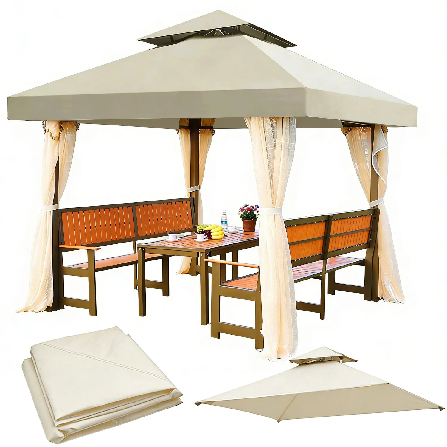 Cubierta de Repuesto para Gazebo de Jardín de 3x3 Metros, Toldo de 2 Niveles para Patio, Jardín, Techo de Carpa, Protección Solar