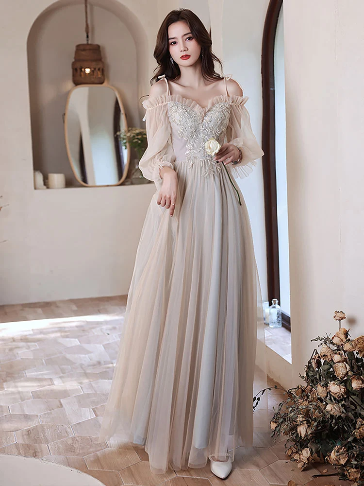 Vestido de dama de honor bordado de lujo para mujer, vestido de fiesta de boda, vestidos de princesa delgados de tul con hombros descubiertos, vestido de noche Formal