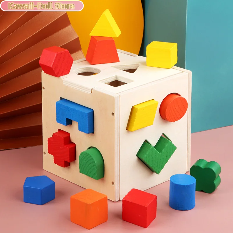 

Монтессори-головоломка с 15 отверстиями: Геометрические фигуры, 3D-пазл, развивающая игрушка для раннего обучения, трехмерные деревянные парные строительные блоки