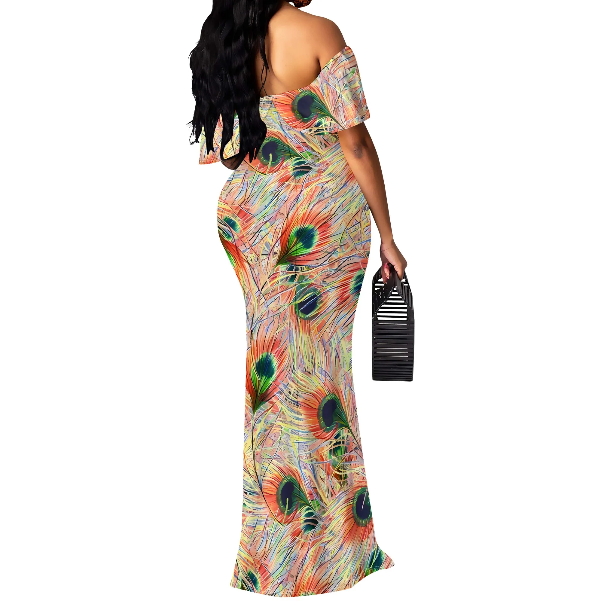 Plus Size Off Shoulder Peacock Feather Print Maxi Dress Colorful Elegant Party Holiday Gown