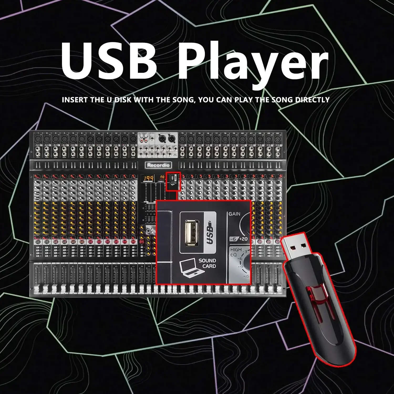 GAX-XM24 Mixer USB Profesional 24-Kanal dengan Efek, Sound Board dengan Power 48V