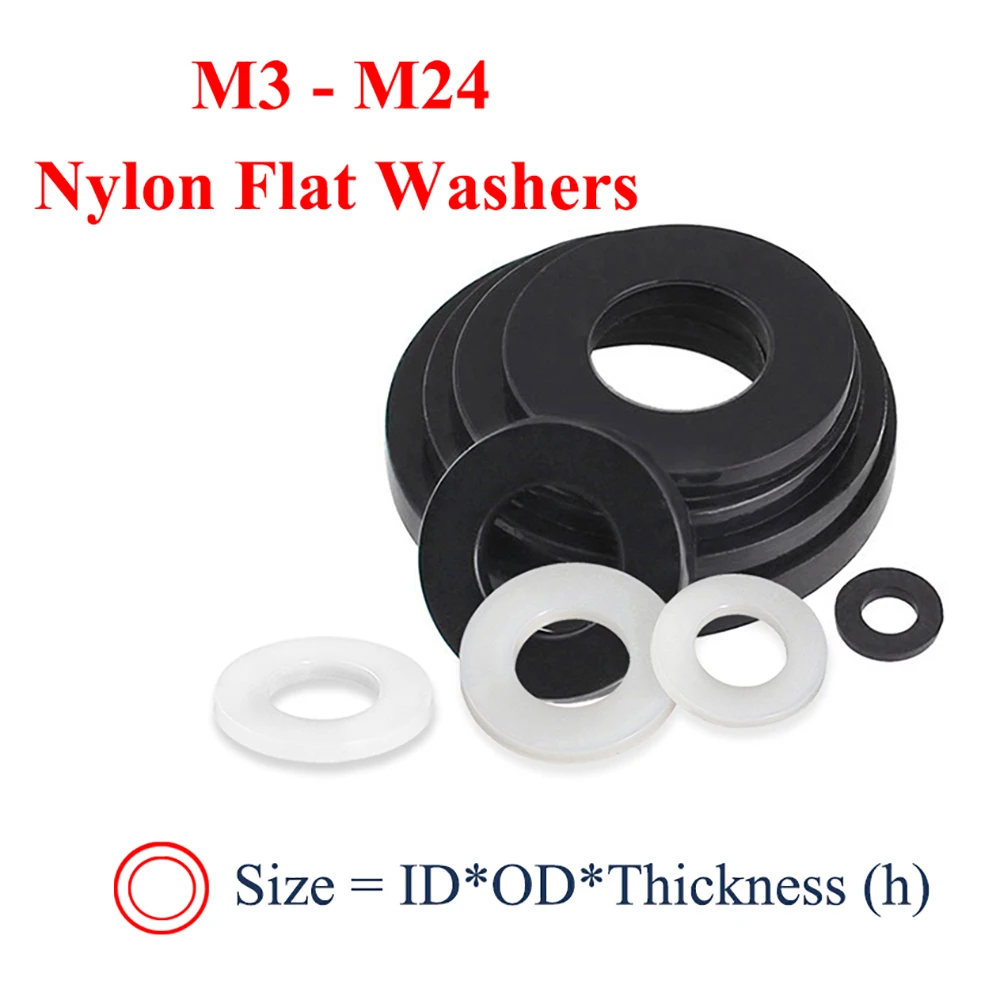 M3 M4 M5 M6 M8 M10 M12 M14 M16-M24 Nylon Flat Washers Plane Spacer Black/White Plastic Insulation Sealing Gasket for Screw Bolts