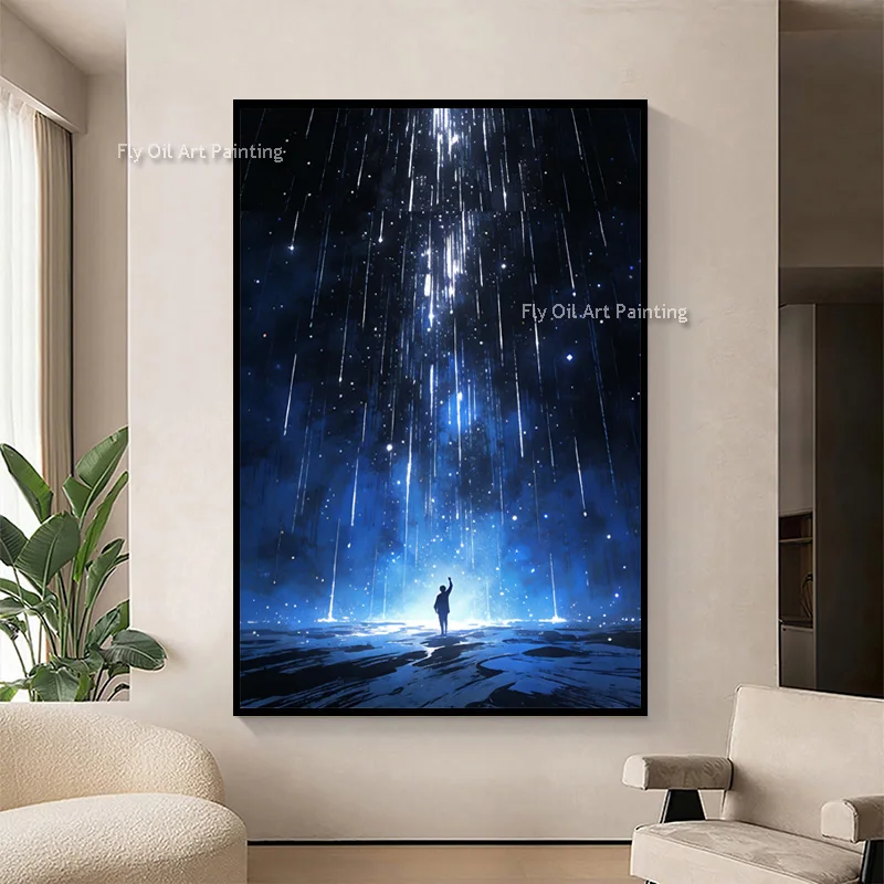 Beautiful Navy Blue White Night Sky Landscape Wall Art Popular Design Special Hand Painted People Standing Under Sky Oil Paintin