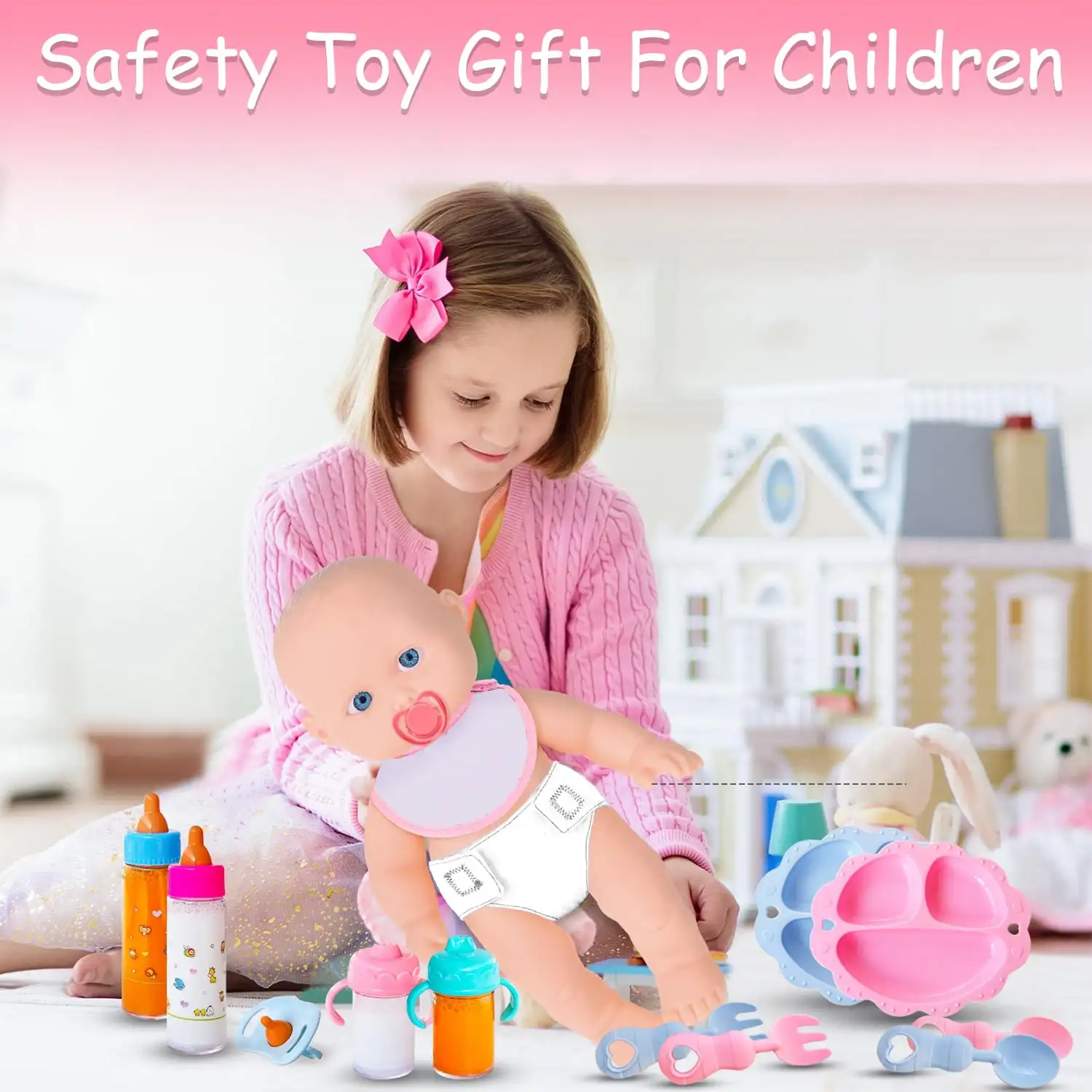 ベビードールアクセサリー　授乳＆ケアセット　哺乳瓶、吸い飲みカップ、おしゃぶり、ディナープレート付き　子供、幼児、女の子向けごっこ遊び