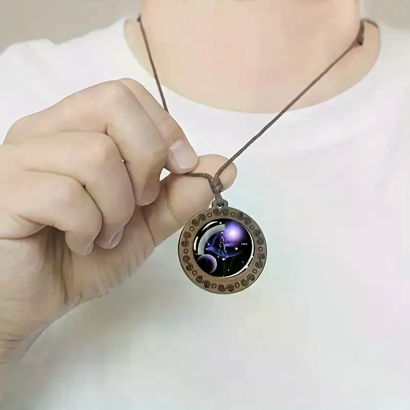 Wooden Glass Pendant Necklace Artisan 12 Zodiac Pattern Handcrafted Jewelry for Wedding Guest Wear Gift for Mom