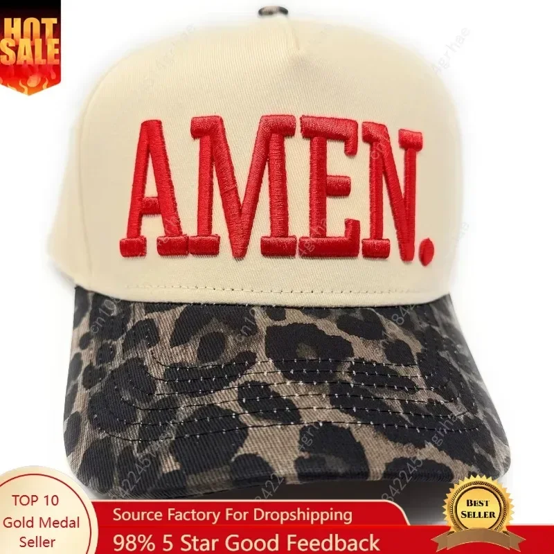 

Vintage Leopard Amen Trucker Cap, Puff Embroidery, Leopard Print Brim, Snapback Closure