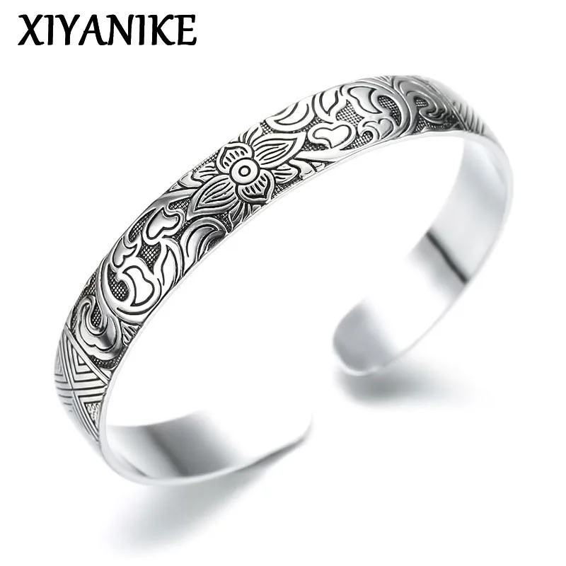 

XIYANIKE New Fashion Silver Color Cuff Bracelet Charm Women Vintage Lotus Flower Religious Party Jewelry Adjustable