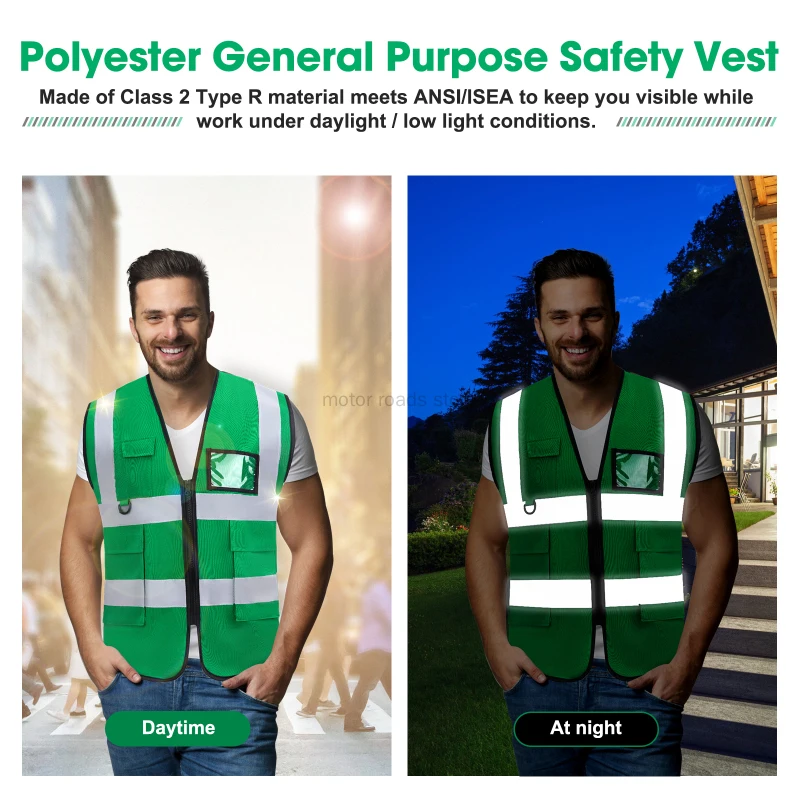 Custom Reflective Vest Green Safety Workwear Custom Logo Construction Vest High Visibility Signal Vest With Zipper And Pockets