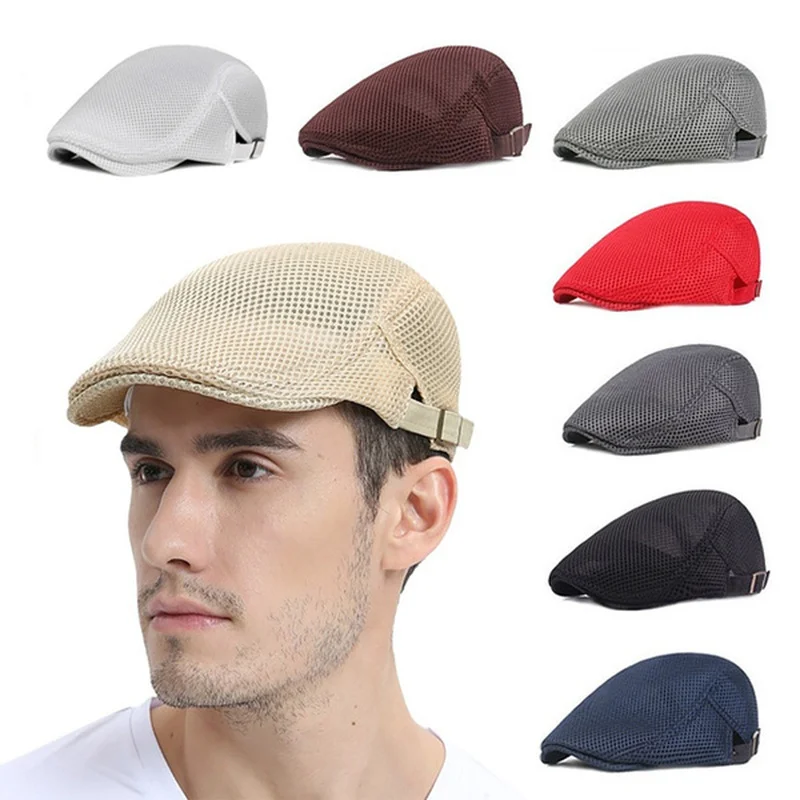 Men\'s Fashion Mesh Hat Berets Cotton Caps for Spring Summer Autumn Cabbie Flat Cap Breathable Mesh  Beret Ivy Cap