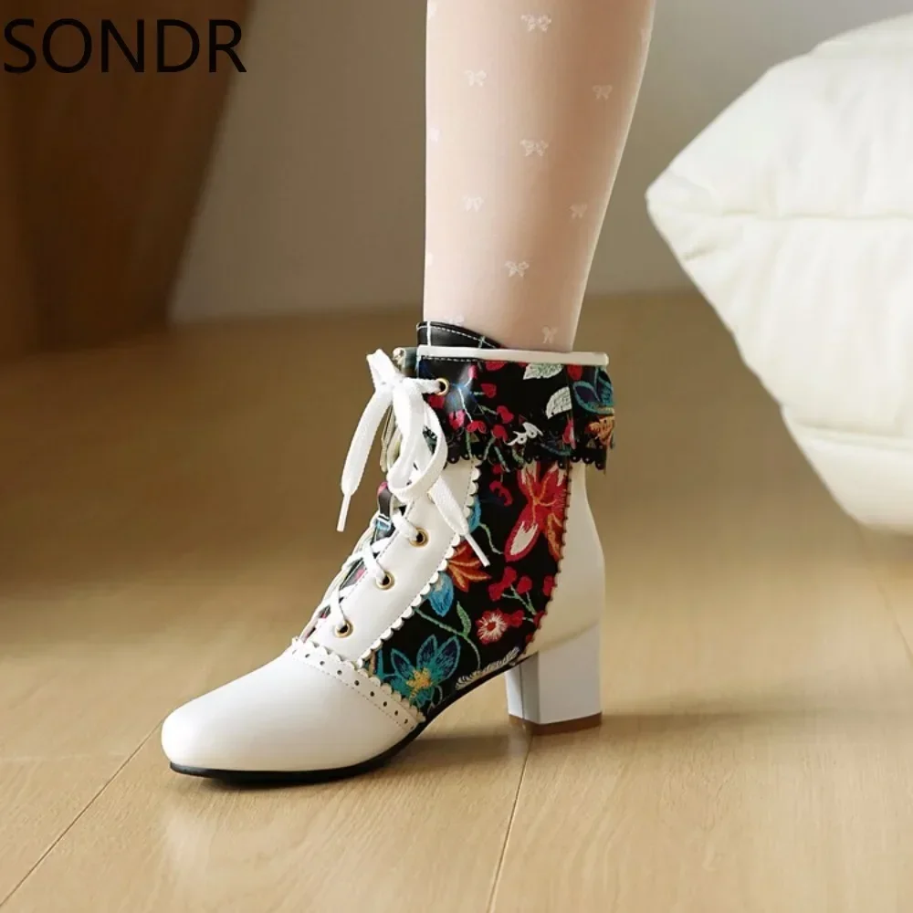 Womens Ethnic Embroidery Victorian Ankle Boots Floral Block Heel Lace Up Shoes Warm Winter Plus Big Size 46 47 48