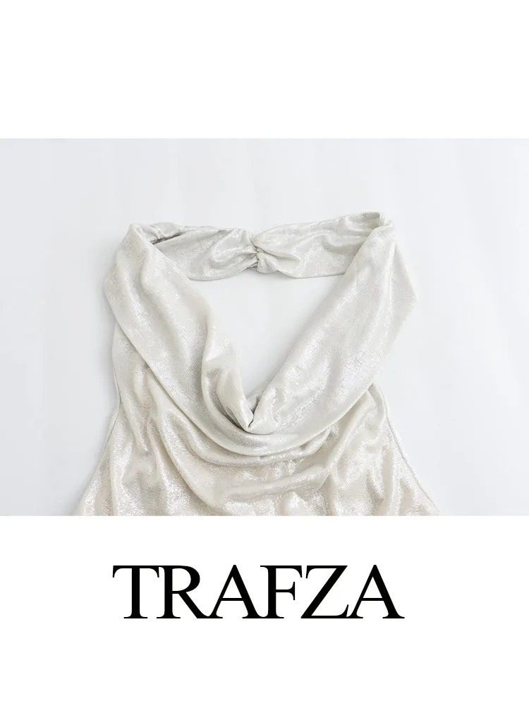 TRAFZA donna estate nuova moda Chic cerniera colletto pieghettato tuta elegante Sexy metallizzato senza maniche senza spalline tuta femminile