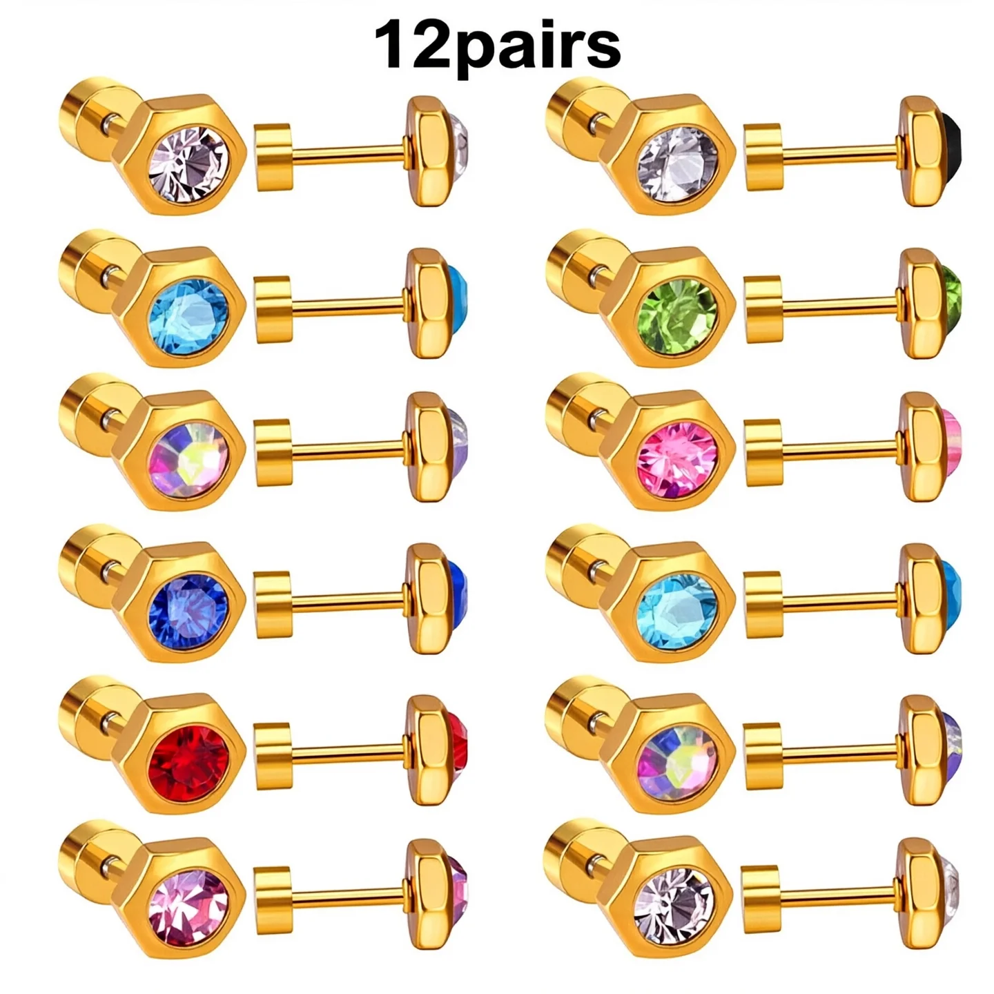 12 Pairs Geometry Earrings 316L Stainless Steel Anti-allergy Cubic Zirconia Party Women Jewelry Accessories Wedding Gift