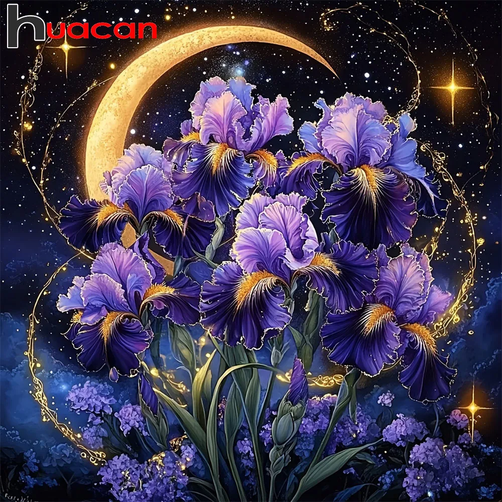 Huacan 5D-Diamantgemälde, Mond, lila Blume, Diamant-Stickerei, komplettes Set, Bild aus Strass