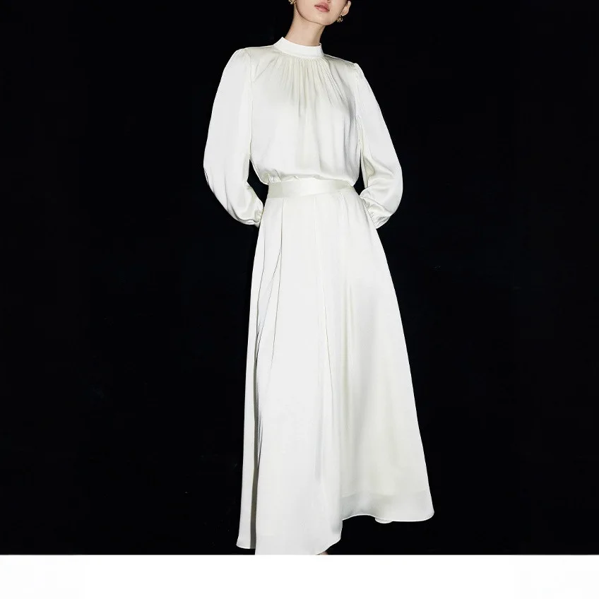 

Женский комплект из 2 предметов, юбка, золотисто-белое французское платье с лунным светом, элегантное шелковое гладкое атласное платье-рубашка с воротником-стойкой и длинными рукавами