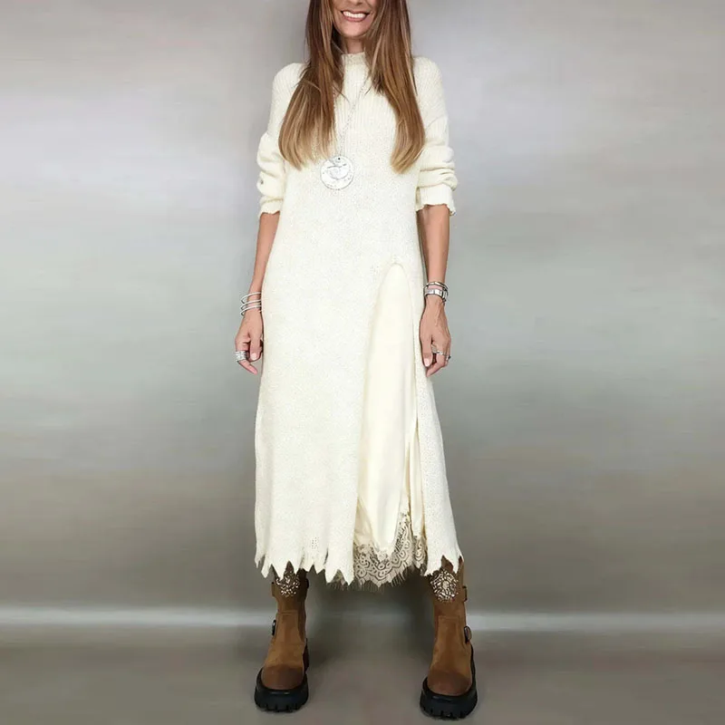 Sexy V-ausschnitt Spleißen Spitze Ärmelloses Kleid Anzug Frau O Neck Split Lange Top Pullover Outfit Herbst Winter Solide Stricken Pullover Set